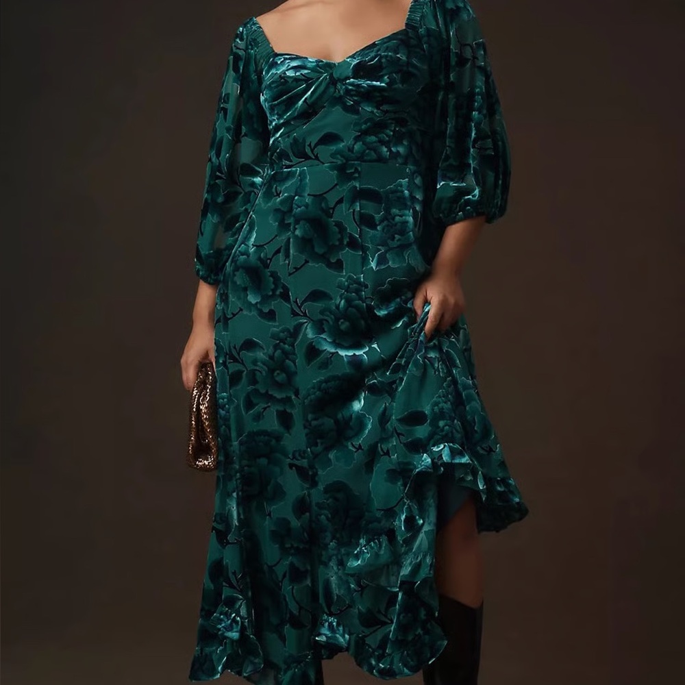 NWT Anthropologie Hutch Printed Twist-Front Puff-Sleeve Velvet Dress